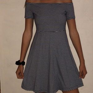 Navy and White Striped Off The Shoulder Dress